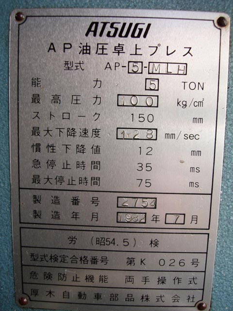 中古機械 情報No.158630 C型油圧プレス アツギ 1982 AP-5-MLHの写真｜中古機械ならミサカ機械へ!